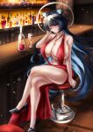  1girl animal_ears bar_(place) bar_stool black_hair black_shoes blue_eyes blue_hair blush breasts closed_mouth colored_inner_hair commentary corrupted_twitter_file crossed_legs dress erina_makina evening_gown gumi_(guminghc) highres long_hair multicolored_hair navel phase_connect red_dress second-party_source shoes sitting solo stool tiger_ears tiger_girl virtual_youtuber 