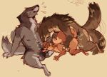 ambiguous_penetration animal_genitalia anthro balls bodily_fluids breath brown_body brown_fur canid canine canis cherry_(firewyrmz) claws countershading curly_hair doggystyle dominant drooling eyes_closed fellatio female firewyrmz fox from_behind_position fur genitals grey_body grey_fur group hair hair_grab hand_on_head hand_on_hip hi_res kneeling knot larger_dom male male/female mammal muscular muscular_male onomatopoeia oral oral_penetration orange_body orange_fur penetration penile penis pushing_down pushing_head saliva saliva_on_penis sex sitting size_difference sketch sound_effects spitroast tail tail_motion tailwag text touching_hair trio wolf