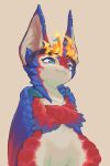 2026 2_horns absurd_res anthro big_ears biped blue_body blue_claws blue_scales blue_wings claws clothing crossed_arms digital_drawing_(artwork) digital_media_(artwork) dragon european_mythology fangs fingers fire flaming_horn glistening glistening_eyes green_claws green_eyes headgear headgear_only headwear headwear_only hi_res horn khloropus league_of_legends male mostly_nude multicolored_eyes mythological_creature mythological_scalie mythology pawpads paws portrait pupils red_body red_pupils red_scales red_wings riot_games scales scalie simple_background smile smolder_(lol) solo tan_background tan_body tan_inner_ear teeth tencent three-quarter_portrait western_dragon white_sclera wing_claws wings