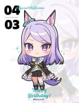 1girl animal_ears aqua_bow aqua_bowtie aqua_ribbon aqua_socks black_boots black_jacket black_skirt blush boots bow bowtie chibi closed_mouth coat commentary_request ear_bow ear_ribbon frilled_coat frilled_jacket frills full_body happy_birthday highres horse_ears horse_girl horse_tail jacket kanntsukirin long_hair long_sleeves looking_at_viewer mejiro_mcqueen_(frontline_elegance)_(umamusume) mejiro_mcqueen_(umamusume) pleated_skirt purple_eyes purple_hair ribbon skirt smile socks tail umamusume zoom_layer 