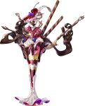  1girl artist_request asterope_(persona) blueberry bow cherry chocolate_syrup closed_eyes food fork fruit hat hat_bow hat_feather highres holding holding_fork holding_spoon official_art parfait persona persona_(summon) persona_5 persona_5:_the_phantom_x purple_bow simple_background solo spoon third-party_source transparent_background wafer_stick white_hair 