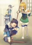  1girl 3boys aged_down black_hair blonde_hair blue_capelet boots braid brown_eyes capelet child commentary_request design_speculation dimitri_alexandre_blaiddyd dimitri_alexandre_blaiddyd_(young) faceless faceless_male felix_hugo_fraldarius felix_hugo_fraldarius_(young) fire_emblem fire_emblem:_three_houses fire_emblem_heroes fur_trim glenn_fraldarius green_eyes hand_on_own_hip highres holding holding_sword holding_weapon ingrid_brandl_galatea ingrid_brandl_galatea_(chivalrous_heart) knee_boots kneeling long_hair long_sleeves looking_at_another matsu_zatsu multiple_boys official_alternate_costume official_alternate_hairstyle pantyhose short_hair standing sword twin_braids weapon white_boots white_capelet white_pantyhose window wooden_sword 