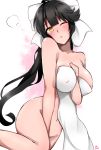  2018 ;o areola_slip areolae azur_lane bangs between_breasts between_legs black_hair blush breasts chiru_(218mg) collarbone covered_nipples dated eyebrows eyebrows_visible_through_hair hand_between_breasts hand_between_legs highres large_breasts long_hair navel nude one_eye_closed open_mouth orange_eyes signature solo stomach takao_(azur_lane) towel very_long_hair 