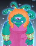 1girl absurdres colored_skin cyclops dress fangs forked_tongue green_skin highres kid_icarus kid_icarus_(nes) medusa_(kid_icarus) nico-neko one-eyed orange_hair pink_dress pink_eyes snake_hair solo sparkle tongue 