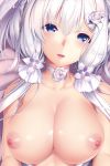  azur_lane bangs blue_eyes blush breasts choker close-up collarbone eyebrows_visible_through_hair flower hair_between_eyes hair_flower hair_ornament illustrious_(azur_lane) large_breasts lips long_hair looking_at_viewer low_twintails mole mole_under_eye nipples nironiro parted_lips rose solo twintails upper_body veil white_choker white_flower white_rose 