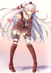  ;o absurdres amatsukaze_(kantai_collection) asymmetrical_gloves blush brown_eyes collarbone full_body garter_straps gloves gradient gradient_background grey_hair hairband hand_on_own_knee hat heart highres hopepe jacket kantai_collection leaning_forward long_hair long_sleeves mini_hat one_eye_closed outstretched_arm red_footwear red_legwear sailor_collar school_uniform shade shoes simple_background solo standing thighhighs two_side_up very_long_hair white_gloves zettai_ryouiki zipper 