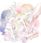  3girls :d ^_^ absurdres blonde_hair blue_hair braid brown_dress closed_eyes commentary_request diploma_tube dress fang graduation hair_intakes hair_ornament half_up_braid hasu_no_sora_school_uniform highres hinoshita_kaho holding link!_like!_love_live! long_hair long_sleeves love_live! medium_hair multiple_girls murano_sayaka nanami_naba neckerchief open_mouth orange_hair osawa_rurino pleated_dress rabbit_hair_ornament red_neckerchief sailor_collar sailor_dress school_uniform smile teeth two_side_up upper_teeth_only virtual_graduation_commemoration virtual_youtuber white_sailor_collar winter_uniform 