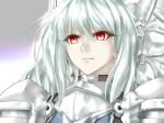  armor breastplate closed_mouth commentary_request eyebrows_visible_through_hair eyelashes frown highres minarai_tenna original pauldrons plate_armor red_eyes silver_hair solo v-shaped_eyebrows 