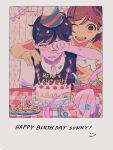  1other 2boys absurdres antenna_hair birthday_cake black_eyes black_hair blue_nails blush bright_pupils brown_hair cake candle confetti crying crying_with_eyes_open dark-skinned_male dark_skin food grey_eyes happy_birthday hat highres holding holding_party_popper kel_(faraway)_(omori) kel_(omori) male_focus milkymilkyshark multiple_boys omori one_eye_closed open_mouth party_hat party_popper short_hair smile spoilers sunny_(omori) tears teeth upper_teeth_only white_pupils wiping_tears 