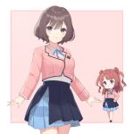  2girls blue_overskirt blue_ribbon blue_skirt blush brown_hair commentary cosplay dress_shirt gakuen_idolmaster hanami_saki hanami_saki_(cosplay) hatsuboshi_gakuen_school_uniform highres idolmaster jacket long_hair long_sleeves multiple_girls neck_ribbon neo_asari pink_jacket pleated_skirt ribbon school_uniform sealsoul shirt shirt_tucked_in short_hair skirt smile two_side_up white_shirt 