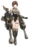  bangs bare_shoulders black_leotard blunt_bangs boots breasts brown_eyes brown_hair cannon commentary_request full_body gauntlets holding kfr legband leotard machinery mecha_musume original science_fiction shell short_hair simple_background skindentation small_breasts smile solo standing thigh_gap white_background 