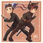  2boys ace_attorney animal_ears aoya_(ayoyame18) armband belt black_eyes black_hair black_jacket black_pants bright_pupils brown_belt cat_ears cat_tail closed_mouth commentary_request dango food food_on_face gakuran headband highres holding holding_food jacket japanese_clothes kazuma_asogi kemonomimi_mode long_sleeves male_focus mouse_ears mouse_tail multiple_boys outline pants red_headband ryunosuke_naruhodo sanshoku_dango school_uniform short_hair signature smile tail the_great_ace_attorney wagashi white_pupils 