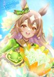  1girl animal_ears ascot blush bouquet braid brown_ascot brown_eyes brown_hair chiffon commentary_request double-parted_bangs dress ear_ornament flower frills green_dress green_jacket hair_between_eyes half_up_braid highres holding holding_bouquet horse_ears horse_girl jacket long_hair long_sleeves looking_at_viewer multicolored_hair open_mouth satono_diamond_(natural_brilliance)_(umamusume) satono_diamond_(umamusume) sleeves_past_fingers sleeves_past_wrists smile solo streaked_hair teeth umamusume upper_body upper_teeth_only very_long_hair 