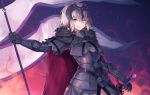  absurdres ahoge armor breasts eyebrows_visible_through_hair fate/grand_order fate_(series) flag highres holding holding_flag hopepe jeanne_d'arc_(alter)_(fate) jeanne_d'arc_(fate)_(all) large_breasts looking_at_viewer parted_lips short_hair smile solo sword weapon white_hair yellow_eyes 