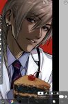  1boy ace_attorney alternate_costume alternate_universe amikoiiko apollo_justice:_ace_attorney art_program_in_frame art_program_request black_background blonde_hair blue_eyes blue_shirt cake cake_slice cherry chocolate_cake coat collared_shirt commentary dark-skinned_male dark_skin diagonal-striped_clothes diagonal-striped_necktie doctor drill_hair earrings facing_viewer food fruit head_tilt highres jewelry klavier_gavin lab_coat lapels looking_at_viewer male_focus mismatched_eyebrows multicolored_necktie necktie notched_lapels plate purple_necktie red_background red_necktie screenshot shirt side_drill simple_background single_earring smile solo stethoscope stethoscope_around_neck straight-on striped_clothes untranslatable_commentary white_coat white_necktie 