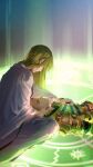  1boy 1other androgynous armor blonde_hair closed_eyes commentary emalfire0312 enkidu_(fate) fate/strange_fake fate_(series) full_body gilgamesh_(fate) gold_armor green_hair hand_on_another's_chest highres injury lap_pillow long_hair looking_at_another looking_down magic_circle on_magic_circle robe short_hair sitting sitting_on_magic_circle sky star_(sky) starry_sky unconscious untranslatable_commentary white_robe 