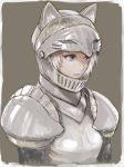  armor blood blue_eyes breastplate brown_background cat_helmet closed_mouth flower helm helmet original pauldrons plate_armor romiy short_hair simple_background slit_pupils solo upper_body visor_(armor) 