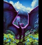  4_toes 5_fingers amazing_background anthro blue_eyes claws day detailed detailed_background digital_media_(artwork) digitigrade dragon grass horn male membranous_wings noctem-tenebris nude outside purple_scales scales scalie sky solo standing toes western_dragon wings 