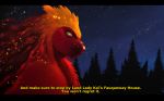  anthro dragon english_text forest fur male night nlr_domain outside sky smile solo text tree 