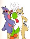  &lt;3 barefoot clothing crossover dialogue english_text falco_lombardi fox_mccloud gloves group male male/male mario_bros navel nintendo nishi nude penis star_fox text video_games yoshi 