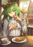  ahoge alternate_costume animal_ears apple_pie atalanta_(fate) blonde_hair casual eating fate/apocrypha fate_(series) fork green_eyes green_hair melon22 multicolored_hair ribbed_sweater sweater tea window wiping_face 