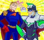  2boys :i armor blonde_hair brown_hair cape closed_mouth commentary_request copyright_name crossover eye_mask gloves green_eyes hand_on_own_hip hands_on_own_hips highres homelander kaburagi_t._kotetsu long_sleeves male_focus mask multiple_boys nishi24_(hiroki_nishi) outline power_armor red_cape red_gloves red_pupils short_hair smile star_(symbol) superhero_costume teeth the_boys thumbs_up tiger_&amp;_bunny translation_request white_outline wild_tiger yellow_eyes 