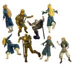  1boy 2girls action_figure armor blonde_hair commentary_request doll_joints dungeon_meshi elf figma figure highres joints kui_ryouko laios_touden marcille_donato multiple_girls multiple_views object_focus objectification official_artist_extra pattadol pointy_ears posing raised_fist toy translation_request upskirt white_background 
