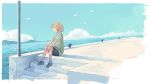  blonde_hair blush day green_shirt looking_away ocean original outdoors parted_lips scenery shirt shoes short_hair short_sleeves sitting sneakers solo wu_ba_pin 