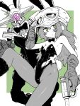  1girl adjusting_clothes adjusting_headwear borrowed_character bow bowtie breasts cleavage commentary_request detached_collar elbow_gloves gloves goggles goggles_on_headwear green_background green_eyes greyscale_with_colored_background gun highleg highleg_leotard highres holding holding_gun holding_weapon leotard light_blush long_hair original pantyhose petite playboy_bunny rabbit_ear_headwear robot small_breasts spot_color strapless strapless_leotard traditional_bowtie weapon yama_batake 