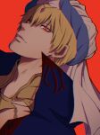  1boy blonde_hair close-up closed_mouth commentary_request dutch_angle earrings fate_(series) gilgamesh_(caster)_(fate) gilgamesh_(fate) hair_between_eyes highres jewelry looking_at_viewer male_focus okamakama2 red_background red_eyes short_hair simple_background solo turban white_turban 
