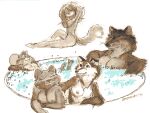 anthro areola breasts canid canine domestic_cat eyes_closed felid feline felis female fox group hair hot_tub mammal mouse murid murine nipples rodent tail unknown_artist
