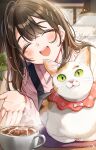  1girl :d apron black_apron blush brown_hair cafe cat cat_day center-flap_bangs closed_eyes coffee_mug commentary_request cup double-parted_bangs earrings facing_viewer highres incoming_drink indoors jewelry latte_art long_hair mug open_mouth original pink_shirt shinishi_chiho shirt smile solo steam teeth upper_body upper_teeth_only 