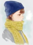  beanie blue_hat blush breath brown_eyes brown_hair grey_background hat original parted_lips romiy scarf short_hair snowing solo upper_body yellow_scarf 