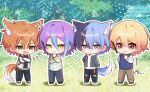  4boys animal_ears aoyagi_touya arm_at_side asymmetrical_sidelocks black_pants blonde_hair blue_hair brown_pants chibi clenched_hand closed_mouth collared_shirt commentary_request crossed_arms double-parted_bangs earrings extra_ears fang full_body gradient_hair green_eyes grey_eyes grey_pants hair_between_eyes hand_up highres hood hoodie jacket jewelry kamishiro_rui kemonomimi_mode layered_clothes long_sleeves looking_at_another male_focus mole mole_under_eye multicolored_hair multiple_boys nervous_sweating notice_lines open_clothes open_jacket open_mouth orange_eyes orange_hair outdoors outline pants project_sekai purple_hair shinonome_akito shirt short_hair sidelocks skin_fang smile split-color_hair standing streaked_hair sweat sweater_vest tail tenma_tsukasa torn_clothes torn_pants two-tone_hair white_hoodie white_outline wolf_boy wolf_ears wolf_tail yellow_eyes yunameko_0408 