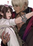  ! 1boy 1girl abs ace_attorney amikoiiko apollo_justice:_ace_attorney belt belt_buckle black_belt blonde_hair blush breast_pocket brown_hair brown_pants buckle carrying chain chain_necklace collarbone collared_shirt commentary_request dark-skinned_male dark_skin drill_hair ema_skye eyewear_on_head facing_to_the_side fingernails green_eyes green_vest half_updo highres holding initial jacket jewelry klavier_gavin lab_coat lapels long_hair long_sleeves looking_at_another middle_ring mismatched_eyebrows neckerchief necklace notched_lapels pants partially_unbuttoned pectoral_cleavage pectorals pink-tinted_eyewear pink_lips pink_shirt pocket princess_carry purple_jacket red_neckerchief shirt side_drill simple_background sleeves_rolled_up suit_jacket sunglasses teeth thumb_ring tinted_eyewear toned toned_male upper_body upper_teeth_only vest waistcoat white-framed_eyewear white_background 
