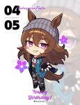  1girl animal_ears beanie black_gloves blush brown_hair chibi coat commentary_request denim ears_through_headwear fingerless_gloves full_body gloves grey_hat hair_between_eyes happy_birthday hat highres horse_ears horse_girl horse_tail jacket jeans kanntsukirin long_hair looking_at_viewer nakayama_festa_(shichuukyuukatsu)_(umamusume) nakayama_festa_(umamusume) open_mouth pants purple_eyes reaching reaching_towards_viewer shirt smile striped_hat tail teeth torn_clothes torn_jeans torn_pants umamusume zoom_layer 