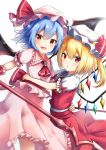 ascot bat_wings blonde_hair blue_hair brooch commentary_request dress eyebrows_visible_through_hair feet_out_of_frame flandre_scarlet frilled_dress frilled_shirt_collar frills hair_between_eyes hat hat_ribbon highres holding holding_spear holding_weapon jewelry looking_at_viewer mob_cap multiple_girls open_mouth parted_lips pink_dress polearm puffy_short_sleeves puffy_sleeves red_eyes red_neckwear red_ribbon red_skirt red_vest remilia_scarlet renka_(cloudsaikou) ribbon short_hair short_sleeves siblings side_ponytail simple_background sisters skirt smile spear spear_the_gungnir standing touhou vest weapon white_background wings wrist_cuffs yellow_neckwear 