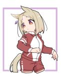  1girl animal_ears beer_hsk blonde_hair blush breasts ear_covers ear_ornament gradient_eyes horse_ears horse_girl horse_tail jacket long_sleeves medium_hair multicolored_eyes narita_top_road_(umamusume) purple_eyes red_jacket red_shorts red_track_suit school_uniform short_hair shorts single_ear_cover solo tail tracen_training_uniform track_jacket track_suit umamusume 