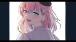  1girl :d aqua_eyes black_hat commentary crossed_bangs from_behind hair_ornament hat highres hinoshita_kaho kanazawa_one-side_love link!_like!_love_live! looking_at_viewer looking_back love_live! medium_hair open_mouth orange_hair pillarboxed rabbit_hair_ornament roku_aya_fuyu simple_background smile solo sweater two_side_up virtual_youtuber white_background white_sweater 