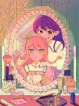 2girls absurdres aubrey_(faraway)_(omori) aubrey_(omori) black_eyes blush bow_hairband bright_pupils closed_mouth collarbone green_eyes green_nails hair_behind_ear hairband highres jewelry long_hair long_sleeves looking_at_another looking_at_mirror makeup mari_(faraway)_(omori) mari_(omori) milkymilkyshark mirror multiple_girls necklace omori open_mouth purple_hair purple_nails reflection reflection_focus smile white_pupils 