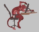 4_arms anthro chair clothed clothing computer_keyboard desk digital_drawing_(artwork) digital_media_(artwork) drawing drawing_pen drawing_tablet english_description eyewear fur furniture glasses horn humanoid_hands hunched_over leaning leaning_forward male multi_arm multi_limb office_chair red_body red_fur redishdragie round_glasses solo spade_tail table tail topless topless_anthro topless_male underwear wearing_glasses white_clothing white_underwear