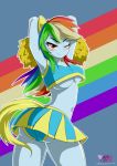  2018 blue_background blush breasts butt cheerleader clothed clothing equestria_girls eyebrows eyelashes fake_ears fake_tail female hair hands_behind_head hi_res human iloota long_hair mammal multicolored_hair my_little_pony navel not_furry one_eye_closed panties pom_poms portrait pose rainbow rainbow_dash_(eg) rainbow_hair red_eyes shadow simple_background skirt smile solo standing stripes thick_thighs three-quarter_portrait under_boob underwear upskirt watermark wink 