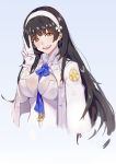 bangs between_breasts black_hair blue_background blue_ribbon blunt_bangs blush breasts brown_eyes cleavage cloak collared_cloak cropped_torso eyebrows_visible_through_hair flower girls_frontline gloves hair_flower hair_ornament hairband head_tilt highres large_breasts long_hair looking_at_viewer neck_ribbon open_mouth qbz-95_(girls_frontline) ribbon shirt sidelocks simple_background smile solo tareme tsuaaa v very_long_hair white_cloak white_gloves white_hairband white_shirt wing_collar 