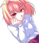  arcueid_brunestud bad_id bad_pixiv_id bangs blonde_hair bob_cut chin_rest eteraito light_smile long_sleeves looking_at_viewer red_eyes short_hair slit_pupils solo tsukihime white_background 