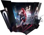  1girl aqua_eyeshadow artist_request black_dress blue_shawl cabernet_(path_to_nowhere) cane dress eyeshadow flower hair_flower hair_ornament highres holding holding_cane indoors jewelry long_hair makeup necklace official_art on_stairs overhead_lights path_to_nowhere pearl_necklace plant potted_plant purple_eyes railing red_lips shawl side_slit stairs tree very_long_hair wall_lamp 