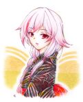  1girl black_kimono braid braided_ponytail commentary_request fu_hua fu_hua_(phoenix) highres honkai_(series) honkai_impact_3rd japanese_clothes kimono long_hair long_sleeves looking_at_viewer mon_momu red_eyes solo traditional_media upper_body white_background white_hair 