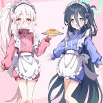  2girls :d antenna_hair apron aris_(blue_archive) black_hair blue_archive blue_bow blue_eyes blue_track_suit blush bow cardcat_00 closed_mouth commentary dot_nose english_commentary facing_viewer food frilled_apron frills green_halo hair_bow halo heart heart_print highres holding holding_plate jersey_maid kei_(blue_archive) kei_(new_body)_(blue_archive) long_hair long_sidelocks long_sleeves looking_at_viewer maid maid_apron maid_headdress multiple_girls omelet omurice open_mouth outstretched_arms pink_background pink_bow pink_halo pink_track_suit plate ponytail rectangular_halo red_eyes sidelocks simple_background smile spread_arms standing track_suit two-tone_background unconventional_maid very_long_hair white_hair 