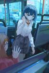  2girls aisle arm_at_side blue_background blue_eyes blue_hair blue_theme blurry blurry_foreground breasts bus bus_interior car city cityscape collared_shirt commentary english_commentary facing_another grey_ribbon grey_shorts hair_ornament hanasato_minori hand_in_own_hair hand_up heart heart_necklace highres jewelry kiritani_haruka long_sleeves looking_at_another mask medium_breasts medium_hair motor_vehicle mouth_mask multiple_girls necklace neu_33 orange_hair orange_shirt outdoors partially_unbuttoned pink_shirt project_sekai ribbon shirt short_hair shorts solo_focus striped_clothes striped_shirt vertical-striped_clothes vertical-striped_shirt walking watercolor_background waving white_shirt 