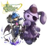  1boy bat_wings belial_(eco) black_jacket black_tail black_wings blue_cloak blue_hair blue_pants cloak copyright_logo creature emil_chronicle_online eyepatch holding holding_key jacket key logo necktie official_alternate_costume official_art orange_eyes pants pointy_ears purple_necktie shirt spiked_hair torn_cloak torn_clothes white_background white_shirt wings 