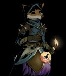 absurd_res adeline_sablewood_(grimshire) animal_mask anthro arm_wraps beak_mask belt black_background blue_cloak blue_clothing canid canine cheek_tuft cloak clothing darkest_dungeon facial_tuft female fire fox fur gloves grimshire handwear hi_res holding_object leather leather_clothing leather_gloves leather_handwear mammal mask multicolored_body multicolored_fur orange_body orange_fur rladoss shadowed_eyes shoulder_pads simple_background solo tuft wide_hips wraps